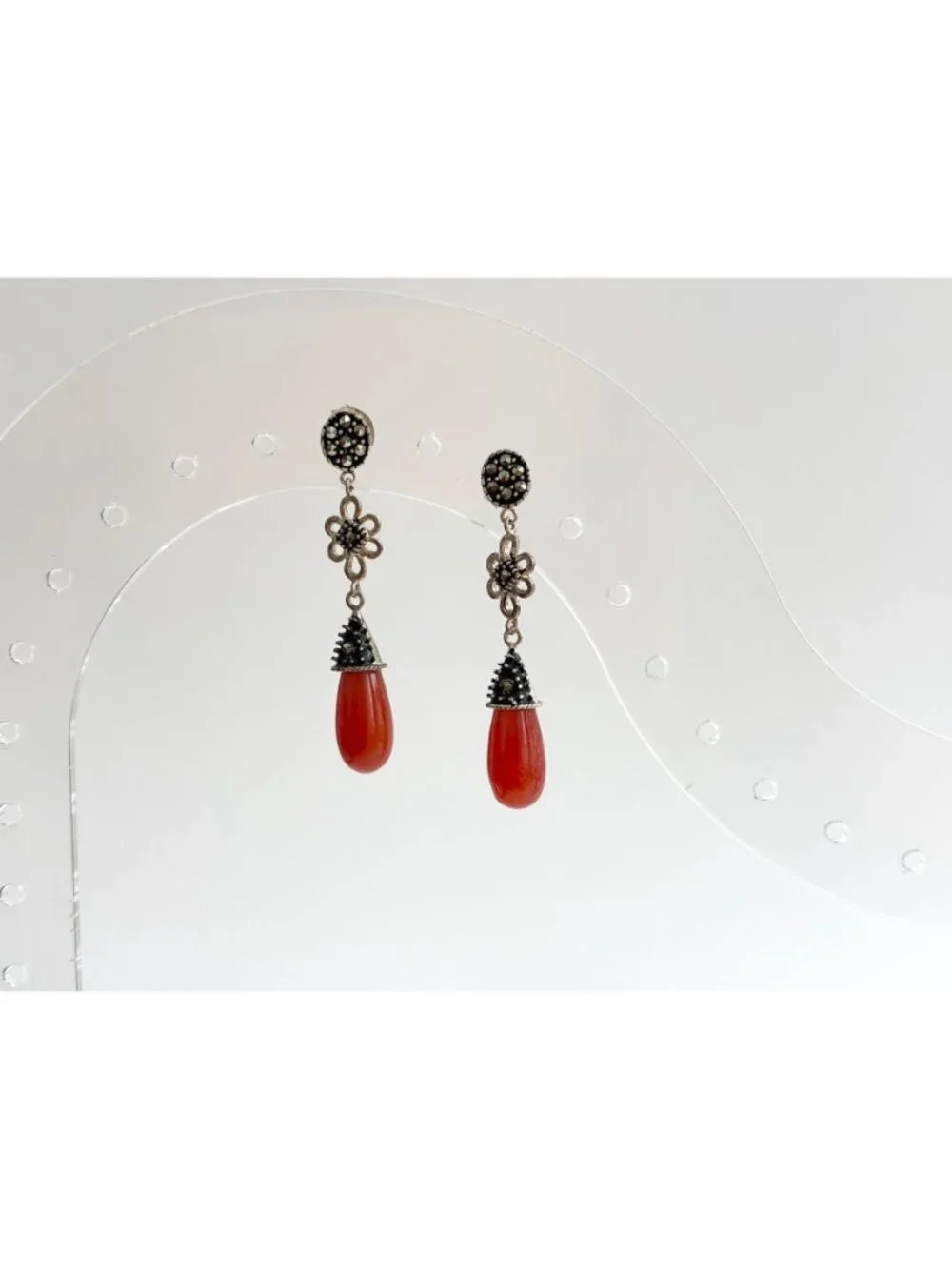 Art Deco Red Coral & Marcasite Floral Teardrop Vintage Sterling Silver Earrings